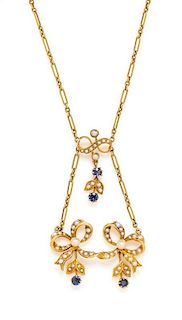 * An Art Nouveau 18 Karat Yellow Gold, Sapphire and Pearl Bow Motif Necklace, 7.10 dwts.