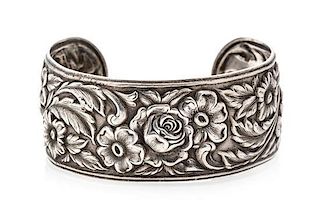 A Vintage Sterling Silver Floral Motif Repousse Cuff Bracelet, S. Kirk & Son, 29.30 dwts.