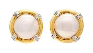 * A Pair of 18 Karat Yellow Gold, Mabe Pearl and Diamond Earclips, La Triomphe, 12.80 dwts.