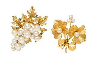 A Collection of Yellow Gold, Cultured Pearl, Diamond and Emerald Brooches, 16.80 dwts.