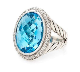 A Sterling Silver, Blue Topaz and Diamond Ring, David Yurman, 8.80 dwts.