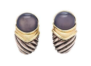 A Pair of Sterling Silver, 14 Karat Yellow Gold and Blue Chalcedony Capri Earclips, David Yurman, 9.20 dwts.