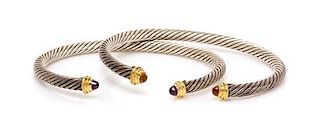 A Collection of Sterling Silver, 18 Karat Yellow Gold, Amethyst and Citrine Cable Kids Cuff Bracelets, David Yurman, 20.70 dwts.
