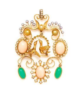 * An 18 Karat Yellow Gold, Coral, Cultured Pearl, Dyed Green Chalcedony and Diamond Articulated Pendant, 32.60 dwts.