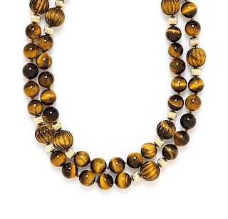 A 14 Karat Yellow Gold and Tiger's Eye Bead Necklace,