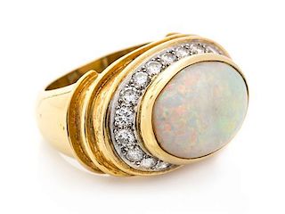 A Yellow Gold, Opal and Diamond Ring, 12.30 dwts.