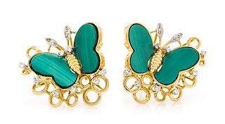 * A Pair of 18 Karat Yellow Gold, Diamond and Malachite Butterfly Motif Earclips, 9.30 dwts