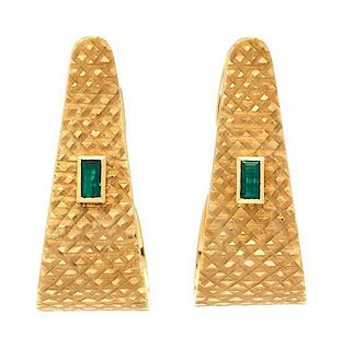 A Pair of 18 Karat Yellow Gold and Emerald Earclips, 9.60 dwts.