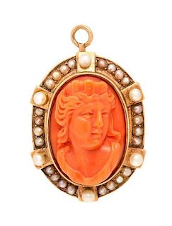 An Antique Yellow Gold, Coral Cameo and Seed Pearl Pendant/Brooch, 6.40 dwts.