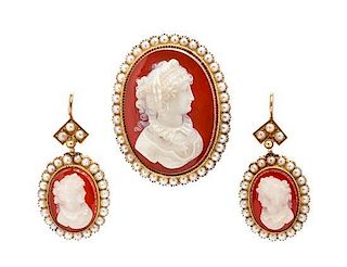 An Antique Yellow Gold, Agate Cameo and Seed Pearl Demi Parure, 22.20 dwts.