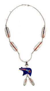 * A Silver Silver, Lapis Lazuli, Coral, Turquoise and Onyx Feather and Bear Motif Necklace, Native American, 48.40 dwts.