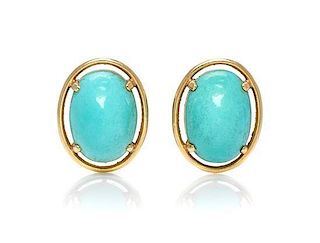 A Pair of Yellow Gold and Turquoise Earclips, 6.40 dwts.