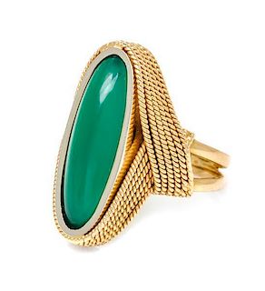 A Yellow Gold and Dyed Green Chalcedony Ring, 6.00 dwts.