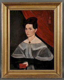 Possibly the Work of Sheldon Peck (American, 1797-1869)      Portrait of Lady in Black Holding a Red Book.