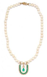 A Yellow Gold, Cultured Pearl, Emerald and Diamond Necklace,