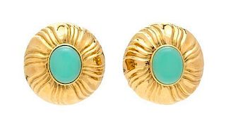 A Pair of 18 Karat Yellow Gold and Blue Chalcedony Earclips, 15.60 dwts.