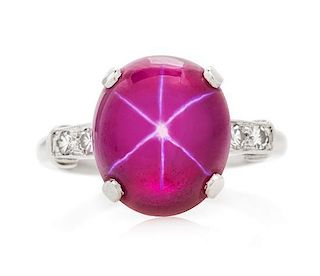 A Platinum, Synthetic Star Ruby and Diamond Ring, 3.30 dwts.