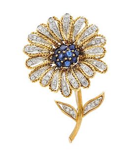 * An 18 Karat Yellow Gold, Sapphire and Diamond Flower Brooch, Italy, 13.90 dwts.