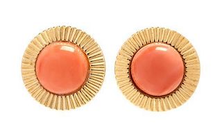 A Pair of 14 Karat Yellow Gold and Coral Earclips, 6.20 dwts.