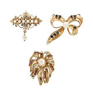 A Collection of Yellow Gold, Cultured Pearl, Diamond, Garnet and Sapphire Brooches, 13.80 dwts.