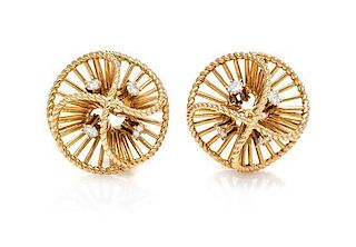 A Pair of 14 Karat Yellow Gold and Diamond Earclips, 8.70 dwts.