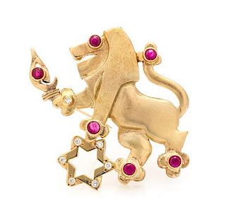 * A Yellow Gold, Ruby and Diamond Lion of Judah Brooch, 10.50 dwts.