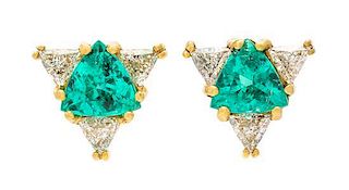 A Pair of Yellow Gold, Platinum Emerald and Diamond Earrings, 3.40 dwts.