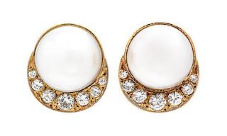 A Pair of 18 Karat Yellow Gold, Cultured Mabe Pearl and Diamond Earclips, Susan Berman, 9.30 dwts.