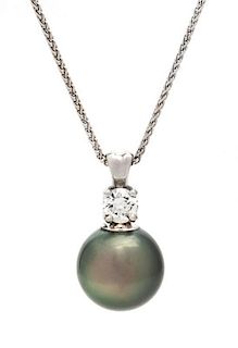 A White Gold, Cultured Tahitian Pearl and Diamond Pendant, 4.10 dwts.