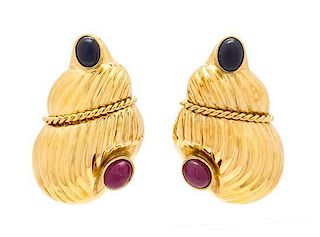 A Pair of 18 Karat Yellow Gold, Ruby and Sapphire Shell Motif Earclips, 15.50 dwts.