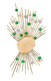 A Vintage Yellow Gold, White Gold, Opal, Diamond and Emerald Starburst Brooch, 14.20 dwts.