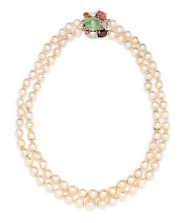 A 14 Karat Yellow Gold, Multigem and Cultured Pearl Double Strand Necklace,