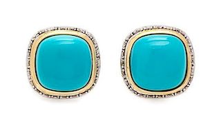 A Pair of 14 Karat Yellow Gold, Turquoise and Diamond Earclips, 4.80 dwts.