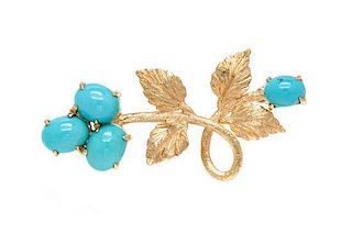 A 14 Karat Yellow Gold and Turquoise Foliate Motif Brooch, 4.00 dwts.