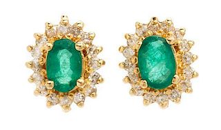 * A Pair of Yellow Gold, Emerald and Diamond Earrings, 2.10 dwts.