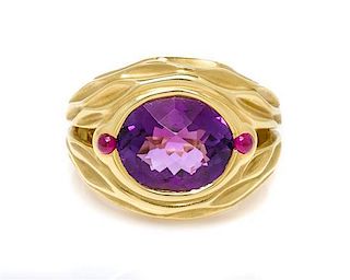 An 18 Karat Yellow Gold, Amethyst and Ruby Ring, 9.50 dwts.