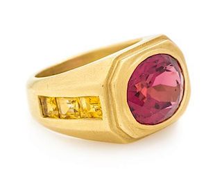 A Yellow Gold, Pink Tourmaline and Yellow Sapphire Ring, 9.40 dwts.