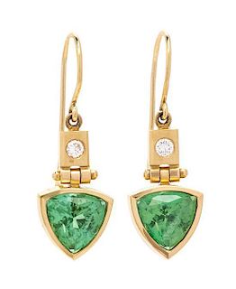 A Pair of Yellow Gold, Tourmaline and Diamond Earrings, 3.20 dwts.