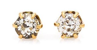 * A Pair of Antique Yellow Gold and Diamond Stud Earrings, 0.90 dwts