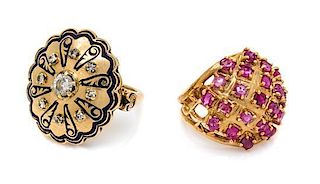 A Collection of 14 Karat Yellow Gold, Enamel, Diamond and Ruby Rings, 10.70 dwts.