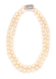 * A Double Strand Cultured Pearl Necklace with Platinum and Diamond Clasp,