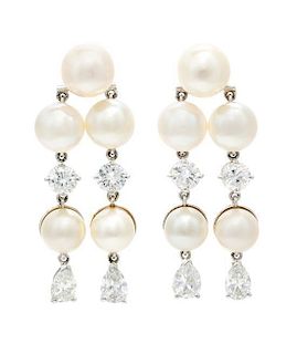 * A Pair of Platinum, Cultured Pearl and Diamond Pendant Earrings, 9.10 dwts.