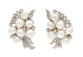 * A Pair of White Gold, Cultured Pearl and Diamond Cluster Screwback Earrings, 7.70 dwts.