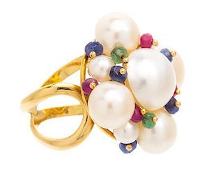 An 18 Karat Yellow Gold, Cultured Pearl, Mabe Pearl, Ruby, Emerald and Sapphire Ring, Rajola, 8.50 dwts.