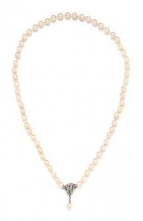 A 14 Karat White Gold, Diamond and Cultured Pearl Necklace,