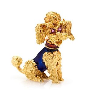 An 18 Karat Yellow Gold, Polychrome Enamel and Ruby Poodle Brooch, 5.90 dwts.