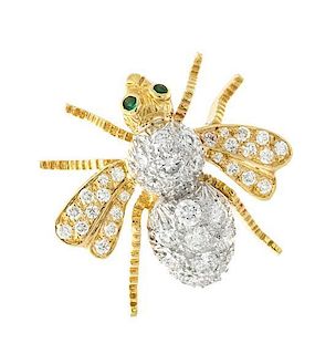 * An 18 Karat Yellow and White Gold, Diamond and Emerald Bee Brooch, 4.40 dwts.