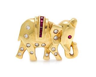 A Yellow Gold, Diamond and Ruby Elephant Brooch, 10.50 dwts.