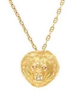 An 18 Karat Yellow Gold and Diamond Lion Motif Pendant, France, 18.70 dwts.