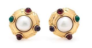 A Pair of 14 Karat Yellow Gold, Cultured Mabe Pearl and Multigem Earclips, 9.40 dwts.